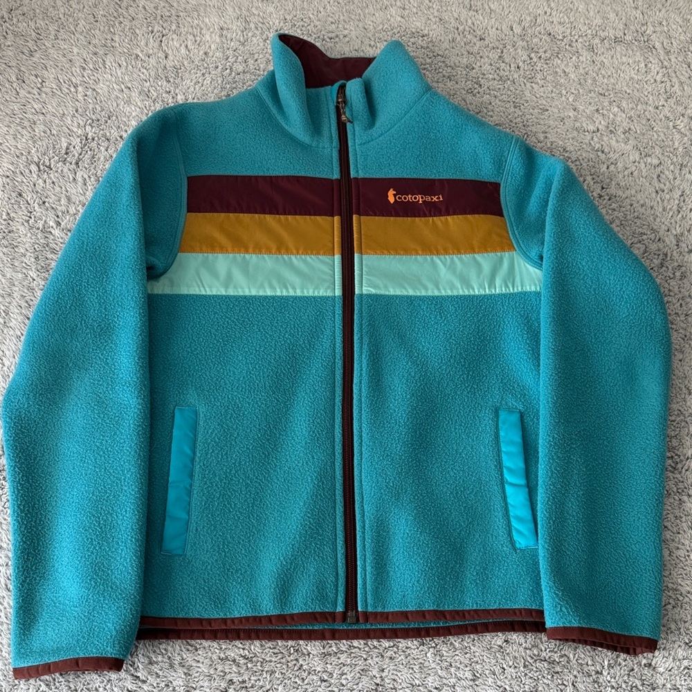 Cotopaxi Women’s X Small, Teal Full Zip Fleece Jacket with Multicolor Stripes